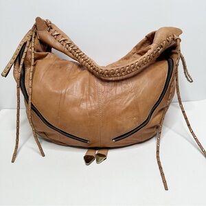 orYANY x Free People Jasmine Tan Leather Large Fringe Studded Hobo Bag